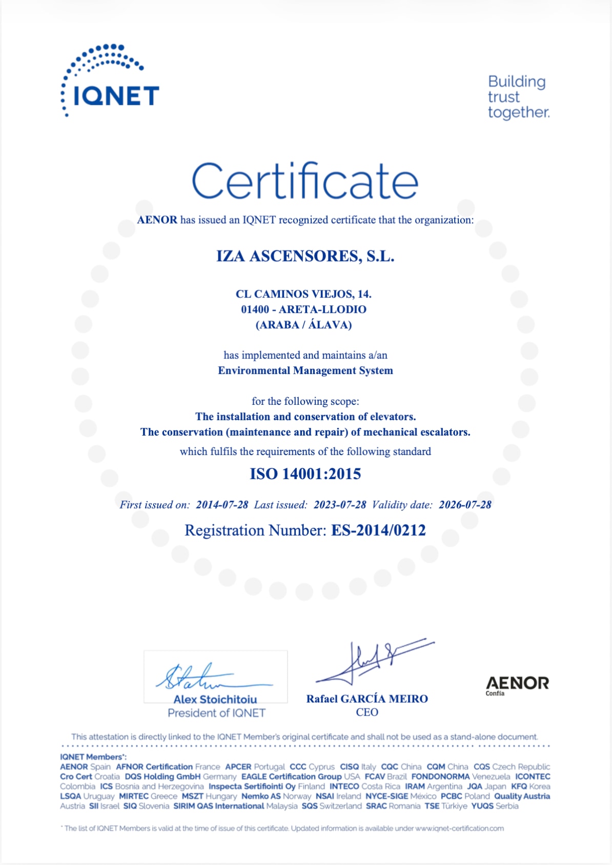 Certificado IQNET 14001