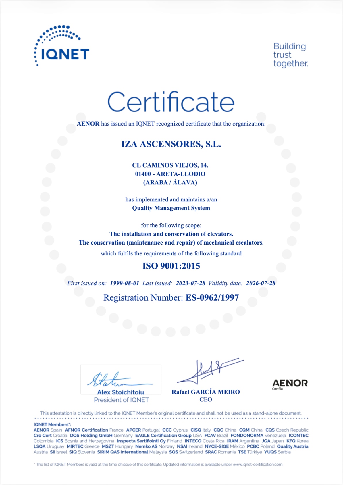Certificado IQNET 9001