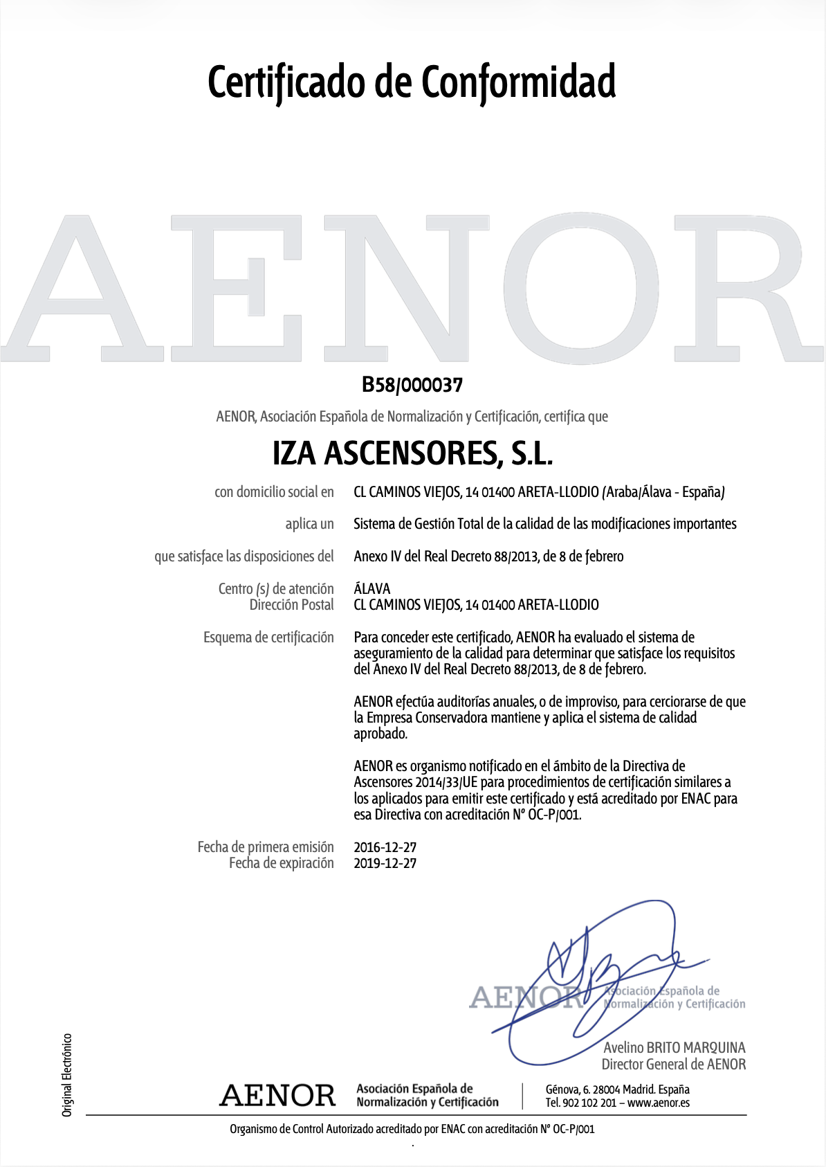 Certificado para la realización de modificaciones importantes en ascensores