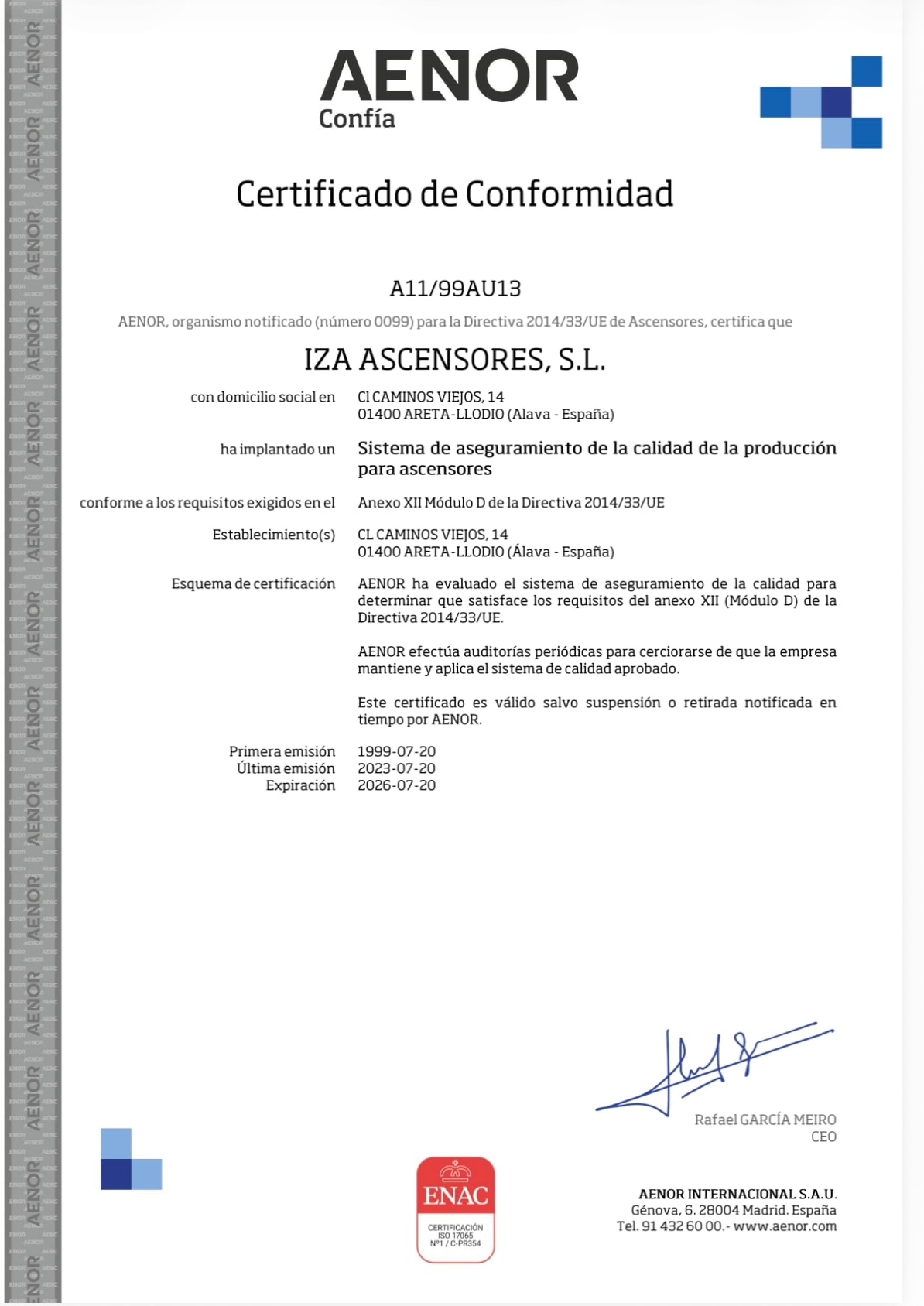 Certificado de conformidad con directiva 2014/33/UE de ascensores